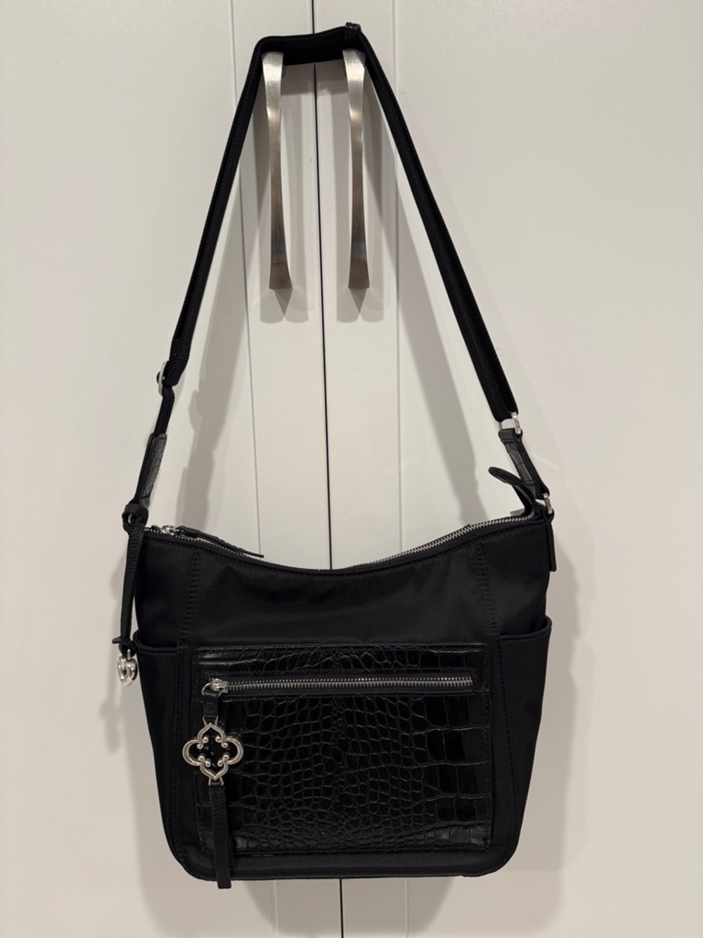 Brighton Black Shoulder Bag with Croc-Texture Pocket